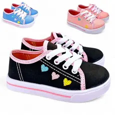 Tênis Infantil para Crianças Feminino de amarrar Confortável e Casual, Ideal para Escola com Bordado de Coração Colorido