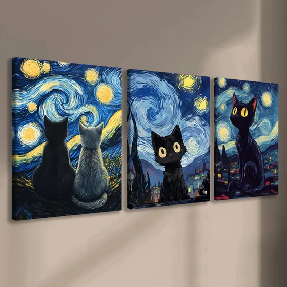 Quadro Decorativo Sala Paisagem de Gato Preto e Branco da Noite Estrelada de Van Gogh 3 Peças