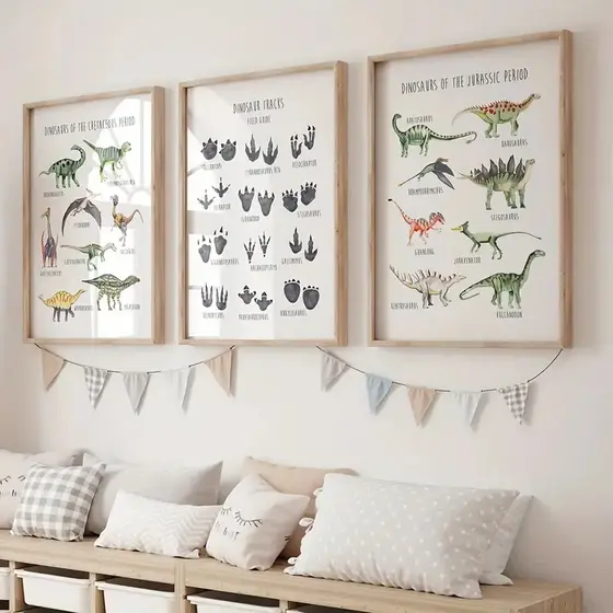 Kit Quadro decorativo 3 peças Espécies de Dinossauros Minimalista Quarto de Menino