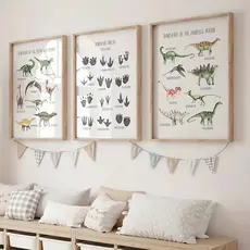 Kit Quadro decorativo 3 peças Espécies de Dinossauros Minimalista Quarto de Menino
