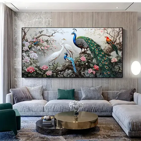 Quadro decorativo Moderno Pavão e Flores Vibrantes Decoração de Sala Quarto Hall