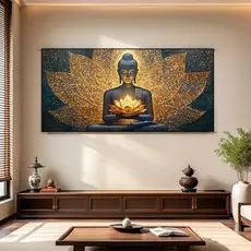 Quadro decorativo Sala Buda Sagrado Flor de Lótus Dourada Decoração Religiosa Quarto Escritório