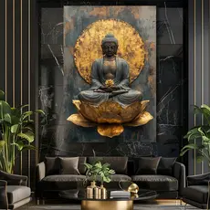 QUADRO DECORATIVO ARTE BUDA TEMPLO DARMA SANGA PAZ ZEN GRANDE 110X80 FLOR LOTUS DOURADA