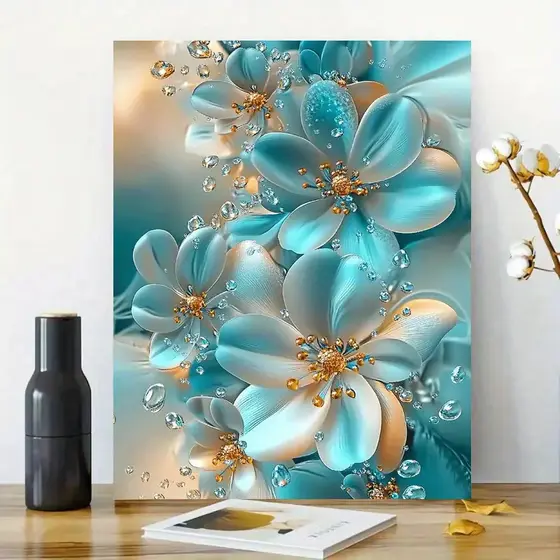 Quadro Decorativo Sala Flores Azul Turquesa e Dourado Decoração Parede Quarto Escritório