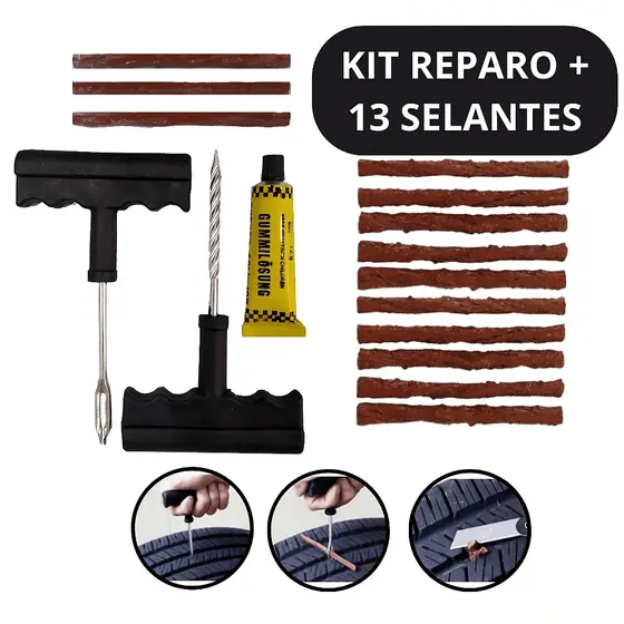 Kit Reparo Pneu Sem Camara Carro E Moto + 10 Refis Macarrão Selante