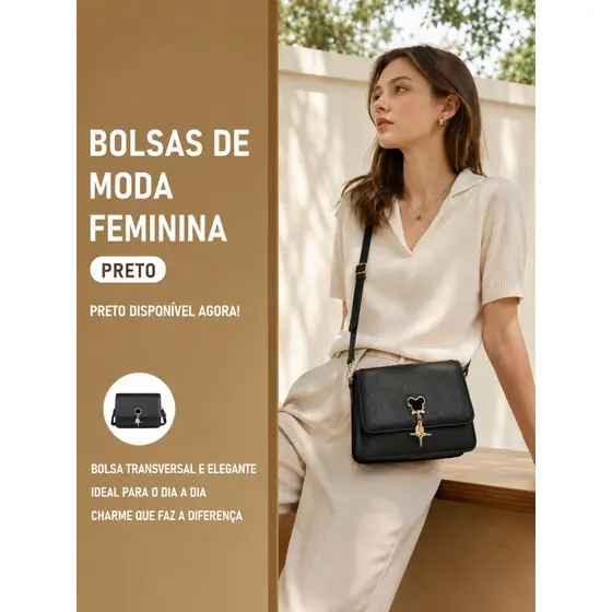 TOMI MITO Bolsa Feminina Tiracolo Compacta com Fecho Magnético Compartimento com Zíper e Detalhe Dourado TM9214