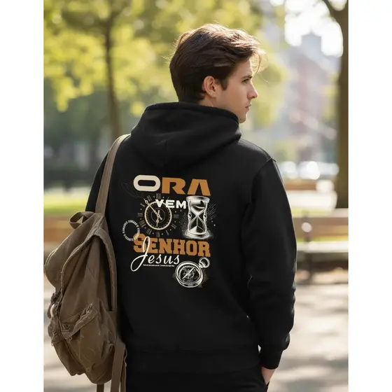 Moletom Preto Canguru Gospel Estampa Fé Inverno Premium