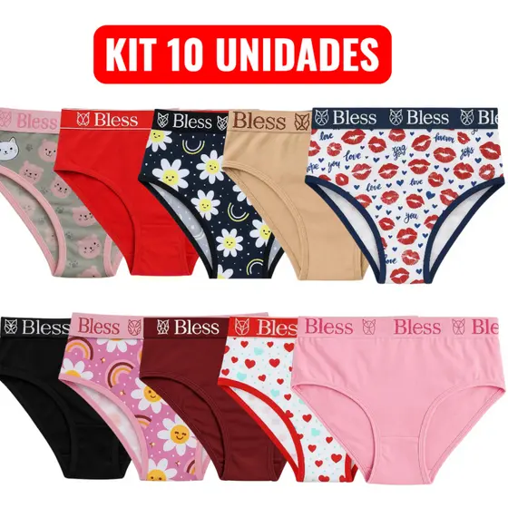 Kit 10 calcinhas infantil menina pré adolescente algodão elástico exposto cores sortidas