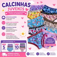 Kit Calcinha Juvenil Infantil Algodão Forro 100% Algodão Meninas Elástico Exposto