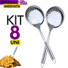 Kit Jogo 08 Escumadeiras de Pascoa Frituras Arroz Inox Grande para Comidas Utensilio Cozinha