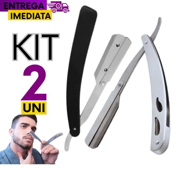 Kit 02 - 1 Navalha de Barbear Profissional Em Aço Inox Linha Premium1 Navalhete Inox Para Barbear Com Cabo de Plástico