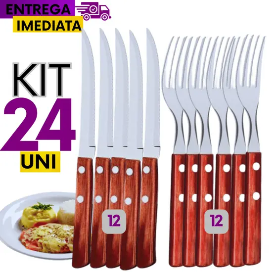 KIT 24 Unidades -Talher 12 Garfos 12 Facas de Inox com Cabo de Madeira Faqueiro Jogo Conjunto Linha Premium Qualidade