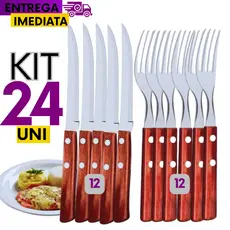 KIT 24 Unidades -Talher 12 Garfos 12 Facas de Inox com Cabo de Madeira Faqueiro Jogo Conjunto Linha Premium Qualidade