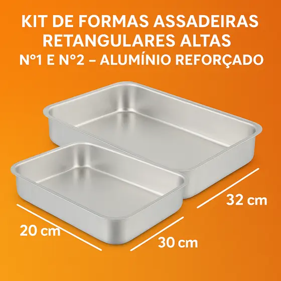 Kit 2 Formas Retangulares Altas em Alumínio – Nº1 e Nº2 para Bolo, Tortas, Sobremesas e Assados