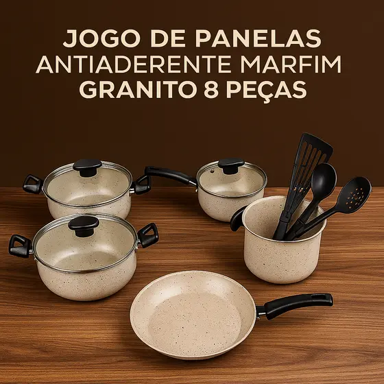 Kit Panelas Antiaderentes - (Jogo com 8 peças) - MARFIM & GRANITO  (5 camadas de Teflon Premium)