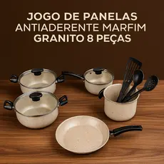 Kit Panelas Antiaderentes - (Jogo com 8 peças) - MARFIM & GRANITO  (5 camadas de Teflon Premium)