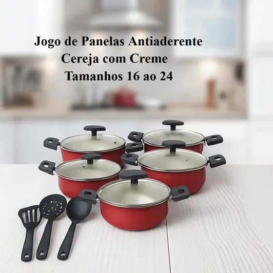 Jogo de Panelas Antiaderente Cereja com Creme – Tamanhos 16 ao 24