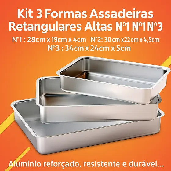 Kit 3 Formas Assadeiras Retangulares Altas Nº1 Nº2 Nº3 Alumínio – Bolo, Torta e Sobremesa