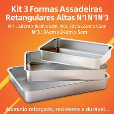 Kit 3 Formas Assadeiras Retangulares Altas Nº1 Nº2 Nº3 Alumínio – Bolo, Torta e Sobremesa