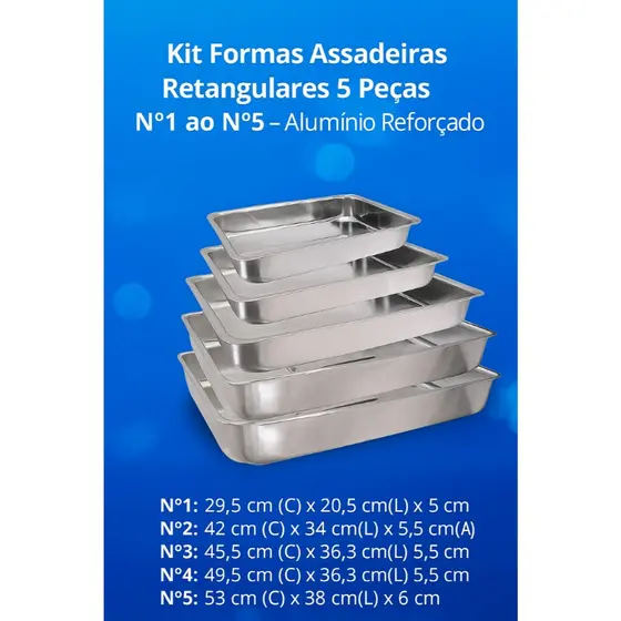 Kit 5 Formas Assadeiras Retangulares Altas Nº1, Nº2, Nº3, Nº4 e Nº5 Alumínio – Bolo, Torta e Sobremesa