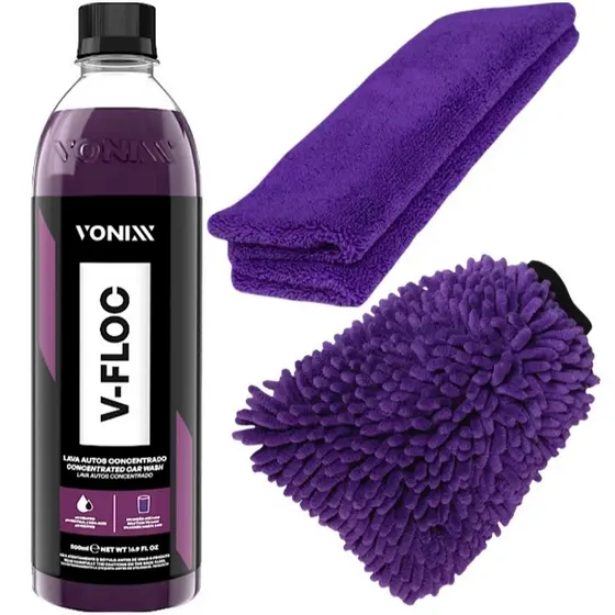 Kit Shampoo Automotivo 500ml V-floc + Luva + Microfibra