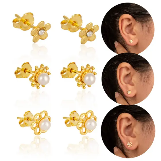 Cartela de 3 Pçs Conjunto Brincos de Flor Pérola Dourado Moda