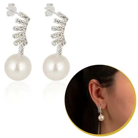 Brinco Feminino Prata Com Zircônia e Pérola Elegante Casamento