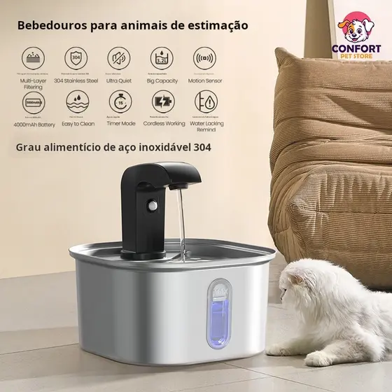 Fonte de água para animais de estimação em aço inoxidável com modo de sensor inteligente, adequada para cães e gatos