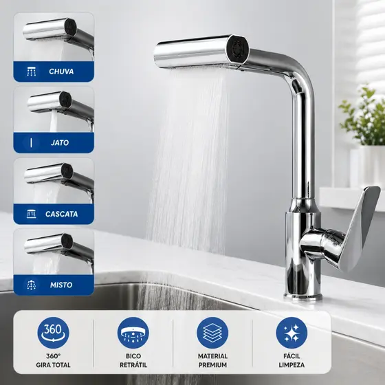 Torneira De Cozinha Cascata 360 Rotação 4 Funções Bocal De Alta Pressão Misturadora De Pia Para Cozinha Na Parede