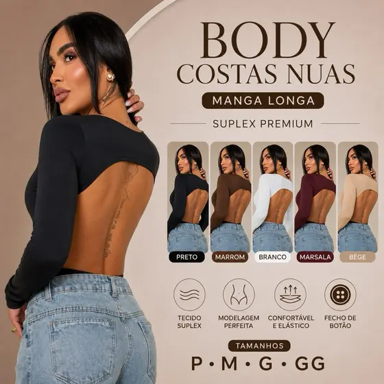Body Feminino Costas Nuas Manga Longa suplex Premium Decote Costas Abertas Elegante