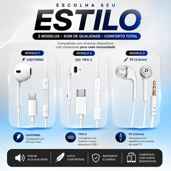 Fone de Ouvido Com Fio Branco Estereo  Microfone Controle de Volume P2  Iphone Tipo C