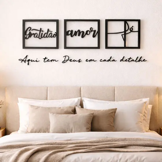 Kit 3 Quadros Cabeceira Gratidão Amor  Fé + Frases decorativas para paredes Religisosa Deus Sonho