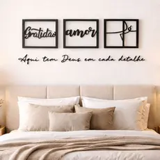 Kit 3 Quadros Cabeceira Gratidão Amor  Fé + Frases decorativas para paredes Religisosa Deus Sonho