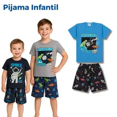 Pijama BRILHA NO ESCURO Infantil Menino Verão Astronauta e Dinossauro