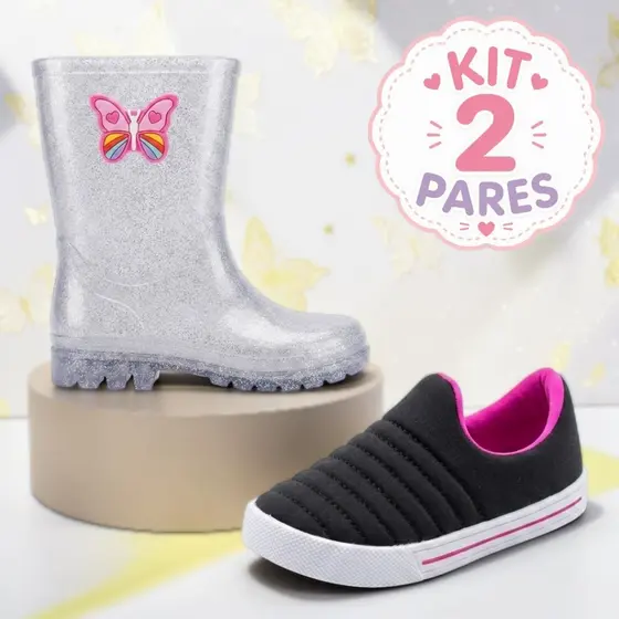 Kit 2 Pares Bota Galocha Cano Alto Feminina Calce Fácil Infantil Menina