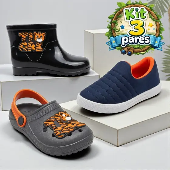 Kit 3 Pares Infantil Menino Calce Fácil Galocha Babuche Leve Confortável