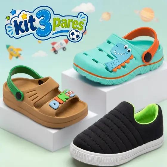 Kit 3 Pares Menino Infantil Babuche Tênis Calce Facil Confortável