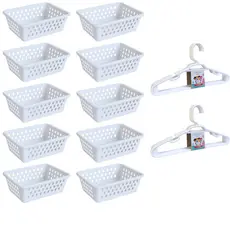 Kit 10 Cesto Organizador e 10 Cabide Infantil Branco Rosa Transparente Azul