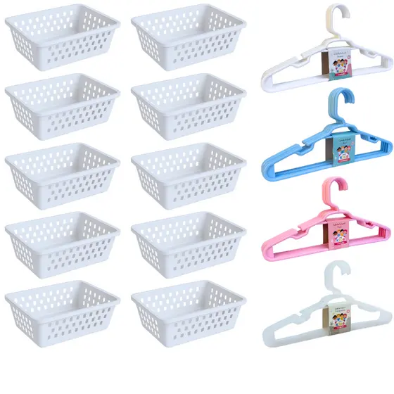 Kit 10 Cesto Organizador e 20 Cabide Infantil Branco Rosa Transparente Azul