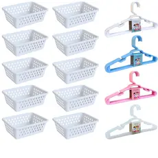 Kit 10 Cesto Organizador e 20 Cabide Infantil Branco Rosa Transparente Azul