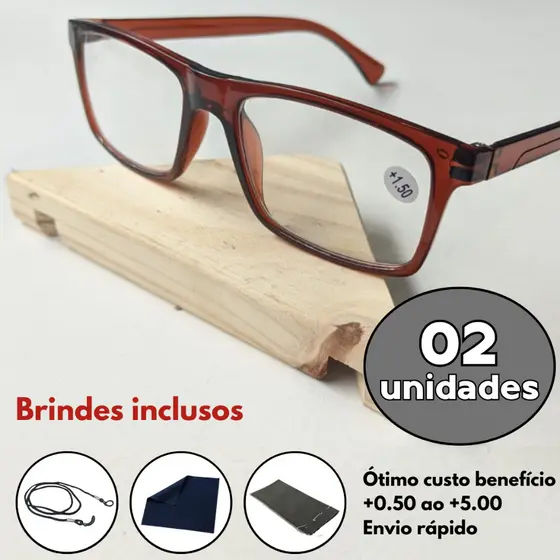Kit com 2 Óculos De Grau Para Leitura / Descanso / Unissex + Cordão Capinha e Flanela - Graus 0.50 até 5.00 - Marrom