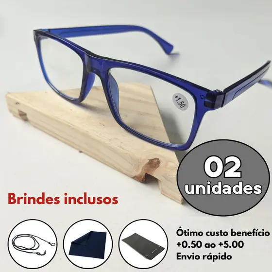 Kit com 2 Óculos De Grau Para Leitura / Descanso / Unissex + Cordão Capinha e Flanela - Graus 0.50 até 5.00 - Azul