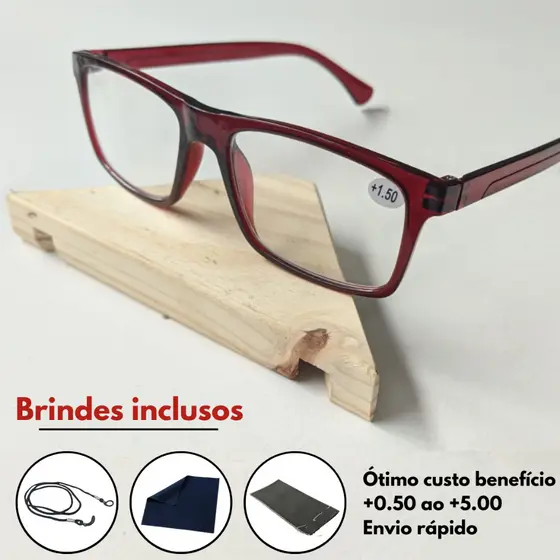 Óculos De Grau Para Leitura / Descanso / Trabalho Unissex + Cordão Capinha e Flanela - Graus 0.50 até 5.00 - Vermelho