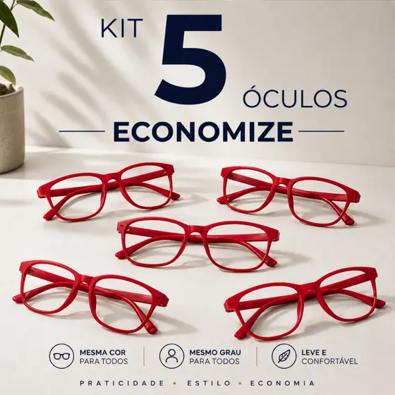 Kit com 5 Óculos de Grau para Presbiopia | Leitura – Cor Vermelho, modelo Unissex, Leve e Confortável