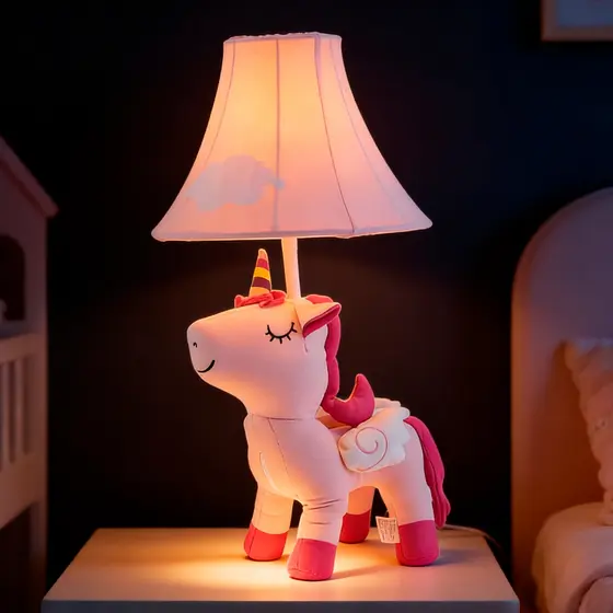 Abajur Infantil Vireon Unicórnio Pelúcia 55cm E27 Bivolt Luminária de Mesa Quarto Menina