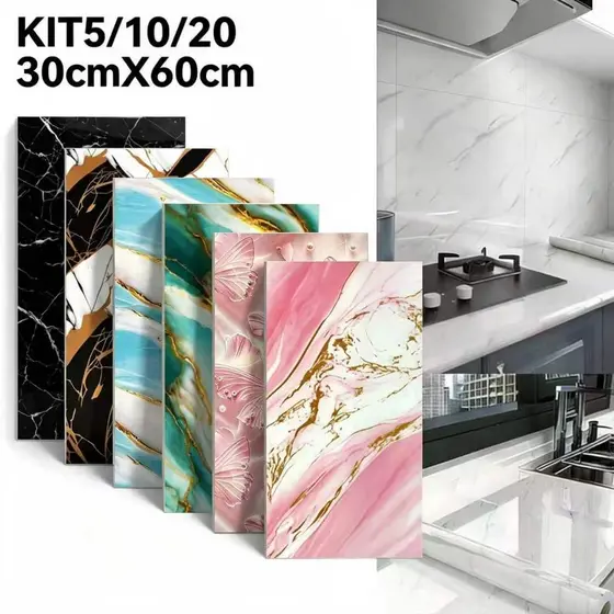 Kit5/10/20 Placas Adesivas 30x60cm Mármore Dourado Autoadesivo Impermeável Revestimento Parede Cozinha Banheiro