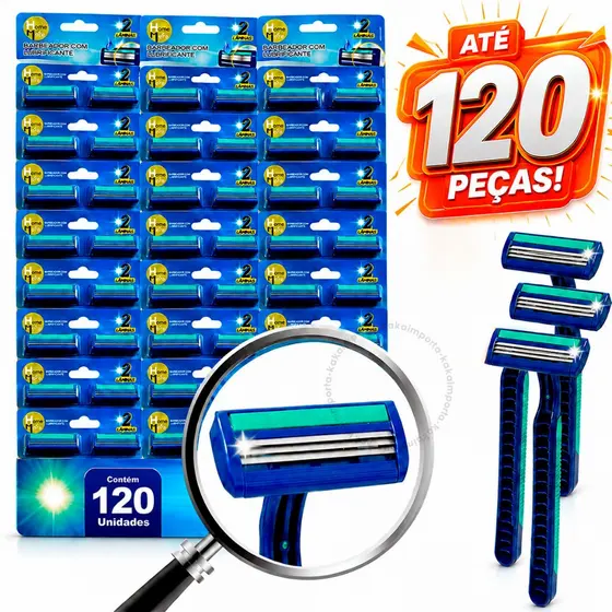 Kit Barbeador Descartável com 2 Lâminas Prestobarba Fita Lubrificante Uso Diário e Profissional 120 Unidades