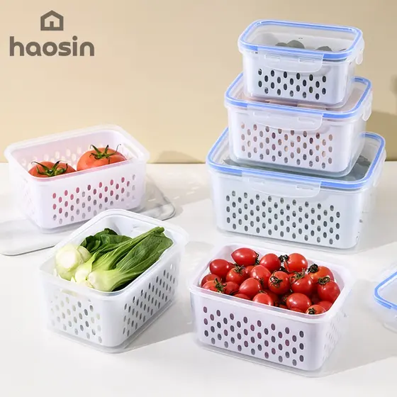 haosin Kit 3 Potes Organizadores para Geladeira com Escorredor, Tampa e Cesta - Alimentos Resistentes