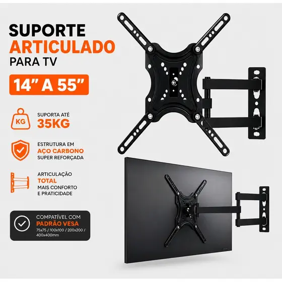 Suporte Articulado de Parede para TV, Televisão e Monitor – 14 a 55 Polegadas, LCD, LED, Smart, Universal