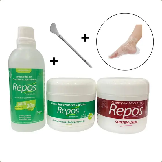 Kit Spa Dos Pés Repós Amaciante 150ML+Uréia + Removedor + Espátula Calosidade + 10 Botas Plásticas